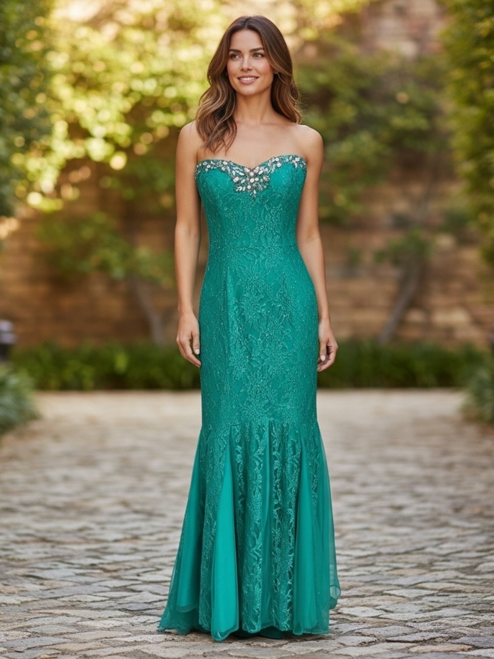 Vintage DEB Green Beaded Lace Prom Gown Sz 9 Small Mermaid Prom Strapless Y2K